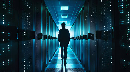 Navigating the Data Matrix: A lone figure traverses a futuristic server room, bathed in the ethereal glow of technology, hinting at the boundless possibilities within. 