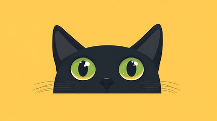 Adorable Black Cat with Green Eyes Peeking from Bottom Edge - Vector Illustration on Yellow Background | Cute Minimalistic Design