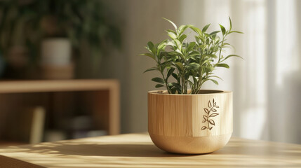 Fototapeta premium A custom engraved bamboo plant pot with small green plant adds touch of nature to cozy interior. eco friendly design enhances warm atmosphere of room