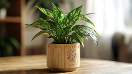 Fototapeta premium A custom engraved bamboo plant pot featuring vibrant green plant, perfect for adding touch of nature to any space. This eco friendly decor piece enhances ambiance beautifully