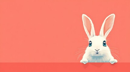 Fototapeta premium Playful White Bunny with Turquoise Eyes on Coral Background | Vector Flat Illustration in Minimalistic Style