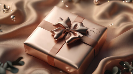 Elegant gift box with beautiful bow, resting on silky surface, perfect for special occasions. This customized gift box adds personal touch to any celebration