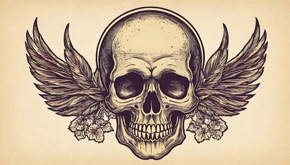 a skull with butterflies and flowers,A human skull with florals and butterlies. Anatomical vintage illustration.Generative AI,butterfly, flower, bone, skull, 9645