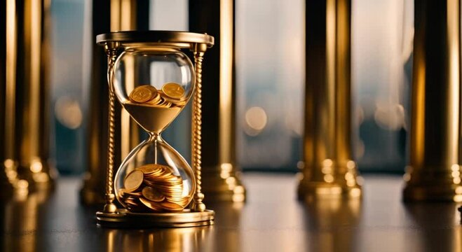 hourglass with gold coins time is money concept