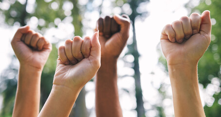 Fist, diversity and hands of people in park for support, agreement and collaboration in nature....