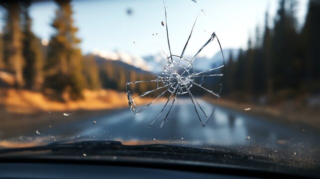 Cracked windshield on a road trip through a scenic forest with mountains in the background, emphasizing the need for car maintenance.