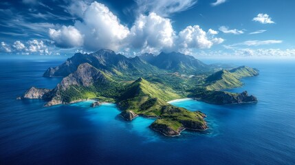 Majestic Small Islands: Rocky Cliffs, Deep Blue Waters, and Dramatic Sky with Scattered Clouds