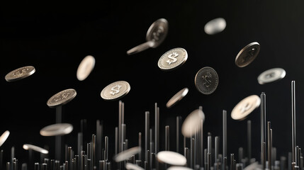 Falling interest rates concept with descending graph and floating coins, symbolizing economic trends and financial fluctuations. image captures essence of changing market dynamics