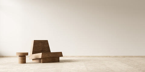 Minimalist livinig room with wooden furnitures. Stylish living room design. Empty wall mock up. 3D illustration