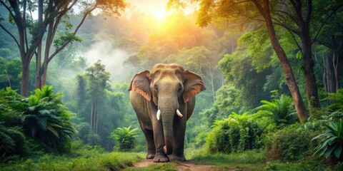 Fototapeta premium Wild elephant standing in beautiful forest at Kanchanaburi Province, Thailand