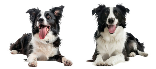 Set of Border Collies panting and lying down, isolated on transparent background. PNG element.