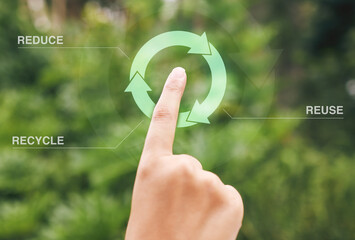 Digital, click and hand of person with recycle icon for clean energy, nature and sustainable...