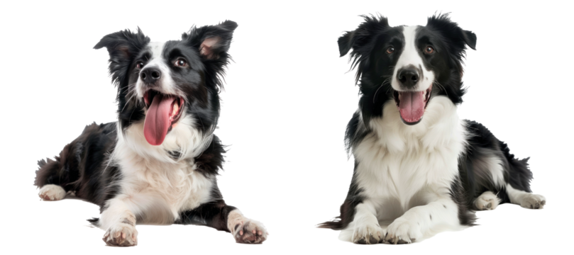 Set of Border Collies panting and lying down, isolated on transparent background. PNG element.