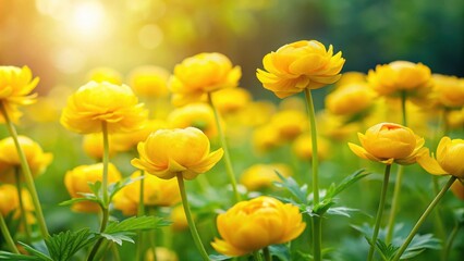 Obraz premium Beautiful yellow Asian globeflowers blooming in a natural background, perfect for spring-themed designs