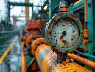 A detailed close-up image of an industrial pressure gauge on a weathered metal pipeline in a factory setting, highlighting elements of wear and rust