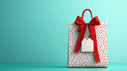 Obraz premium Personalized gift bag with festive design, featuring red bow and blank name tag, perfect for special occasions. This charming bag adds delightful touch to any gift giving experience