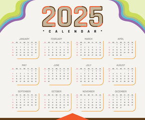 calendar 2025 Creative horizontal calendar 2025 in English Days weeks and months Print vector