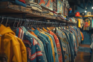 A vibrant and eclectic vintage clothing store with a wide array of colorful and retro garments neatly arranged on racks, creating a nostalgic and stylish shopping atmosphere