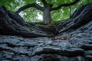 Fototapeta premium A striking close-up view of a twisted tree growing out of a rocky crevice, capturing the intricate textures and vibrant green foliage in an extraordinary natural scene