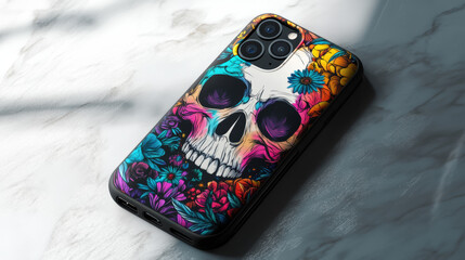 A vibrant smartphone case featuring colorful skull design surrounded by flowers, showcasing unique blend of art and protection. This personalized accessory adds bold touch to any device
