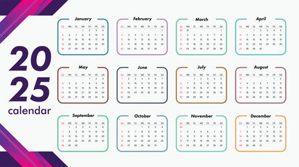 calendar 2025 Creative horizontal calendar 2025 in English Days weeks and months Print vector