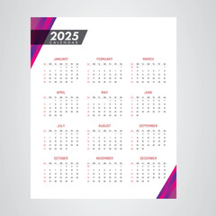 calendar 2025 Creative horizontal calendar 2025 in English Days weeks and months Print vector