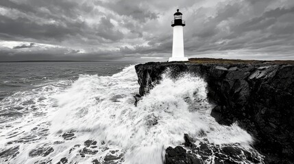Serene black and white seascape with a lighthouse, line art, empty coloring book page, high-quality, nature, guidance::1 crashing waves, rugged cliffs, beacon of light, tranquil atmosphere