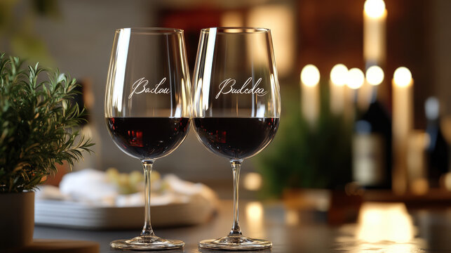 Elegant personalized wine glasses with engraved names, perfect for special occasions. rich red wine and soft candlelight create warm, inviting atmosphere