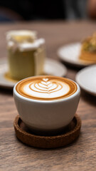 Latte art in cappuccino coffee cup at cafe table. Closeup of rosetta flower drawing in foam. hot latte coffee put on table in cafe restaurant or coffee shop, drink breakfast in the morning day