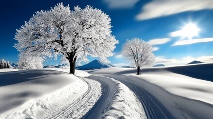 Obraz premium Serene black and white winter landscape with snow-covered trees, line art, empty coloring book page, high-quality, nature, tranquility::1 glistening snow, peaceful ambiance, winter beauty, cold