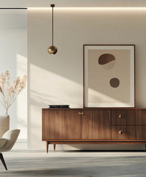 modern sideboard, walnut veneer with brass knobs, minimalist design, soft overhead lighting