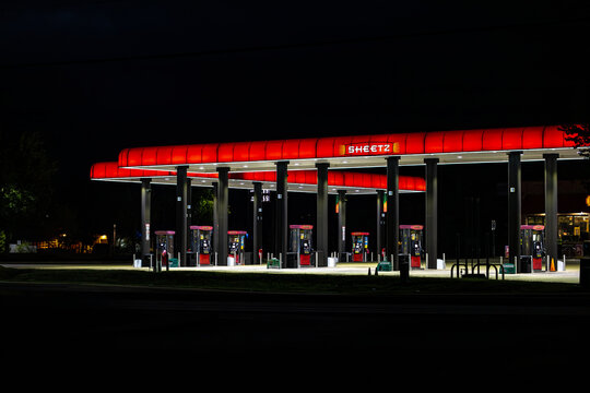 Lexington Park, MD USA  Pumps at the local Sheetz gas station at night.