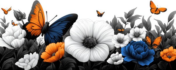 Serene garden with blooming flowers, butterflies, and hummingbirds, black and white, line art, botanical, peaceful, nature's beauty, floral patterns ::1.4 bees, ladybugs, watering cans, garden