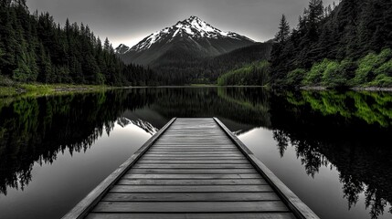 Obraz premium Serene mountain lake with a reflection of the surrounding peaks, black and white, line art, tranquil, nature's beauty, mirror-like water, serenity ::1.3 canoes, fishing pier, pine trees, distant