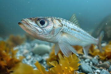 Naklejka premium A close-up underwater shot of a metallic-colored fish swimming amidst seaweed and pebbles, showcasing the intricate details and natural habitat of the marine creature