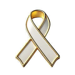 A sleek enamel pin featuring a white awareness ribbon with a gold outline. The pin has a smooth, glossy finish with simple yet meaningful details