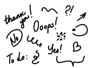 Bold brush Hand drawn doodle style collection of heart, scribble,  spirals, sparkles, lightning, and emphasis element. use for concept design.