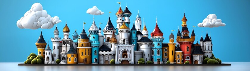 Obraz premium Whimsical black and white fantasy castle with intricate details, line art, empty coloring book page, enchanting, high-quality, imagination, adventure::1 turrets and towers, magical atmosphere,