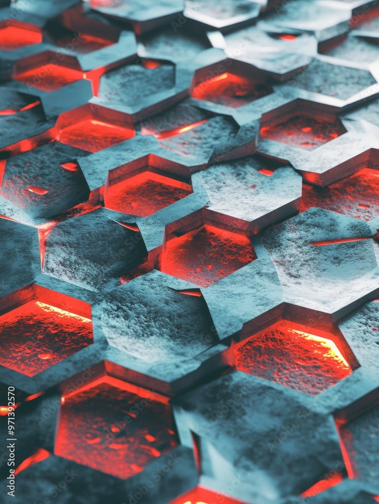 Poster abstract hexagonal pattern with glowing red lights.