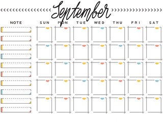 Calendário em branco por preencher setembro