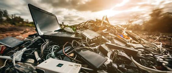 a large pile of electronic waste in nature
