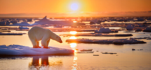 a polar bear on a very small ice floe in front of the setting sun