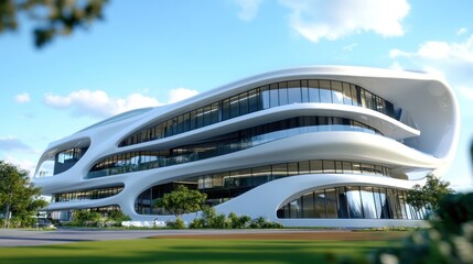 Obraz premium Modern architectural building with curved stone and glass design, architecture, modern, building, curved, stone, glass