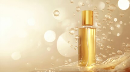Naklejka premium Elegance in Motion - Artistic 3D Rendering of Golden Cosmetics Liquid Bottle with Translucent Bubbles on Minimalistic Background
