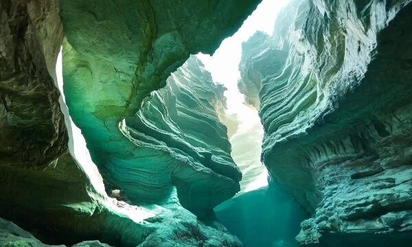 A deep, narrow cave with a greenish tint