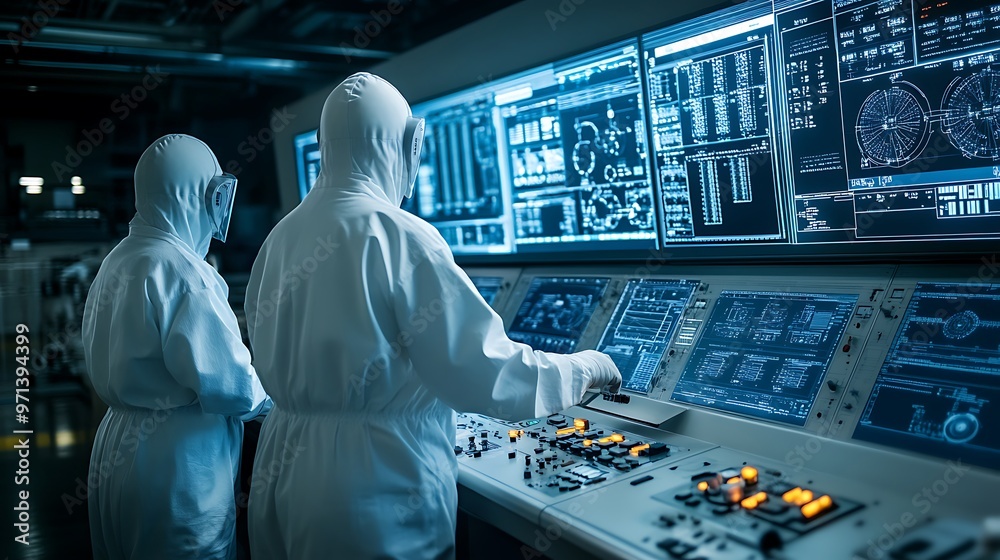 Wall mural Engineers in safety suits inspecting the control room of a nuclear plant with digital screens and control panels monitoring the reactor