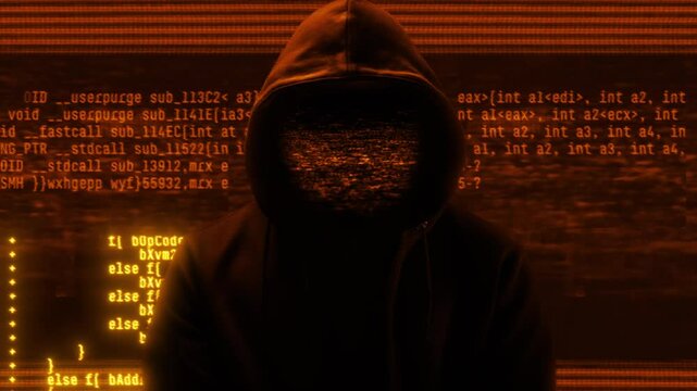 Hacker with hoodie and glitch face. Computer abstract digital code at the background. Dark web or darknet fraud. Cryptocurrency bitcoin mixer concept. Cybersecurity and social network data protection