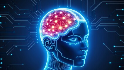 Obraz premium AI-powered humanoid head with neural networks processes data, artificial intelligence deciphers large data sets. Cyber mind technology background concept. Made with generative AI technology