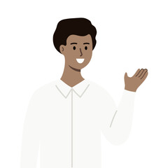 Smiling businessman introducing. Business Presentation, information guidance concept. Use for website, app. Flat vector character design illustration isolated on white background.