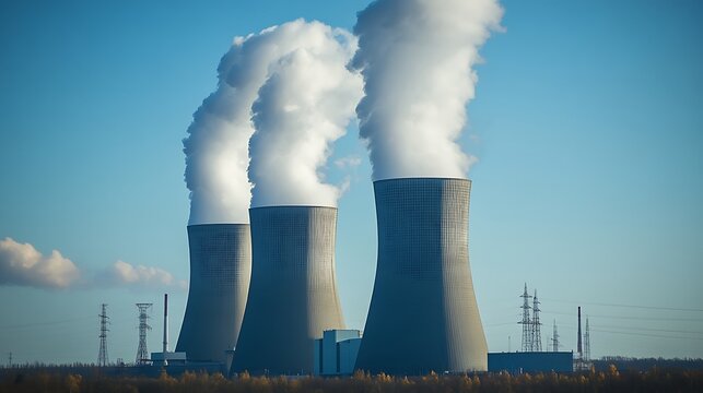 Nuclear energy facility with towering cooling systems and exhaust stacks, located in a remote industrial area